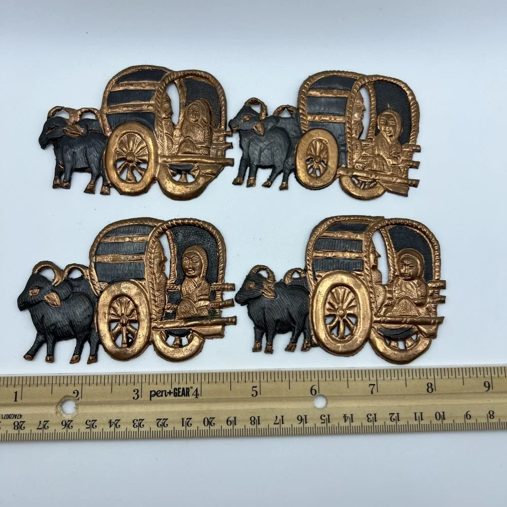 X4 Covered  Wagon Cattle Women Copper Metal Wall Hangings VTG